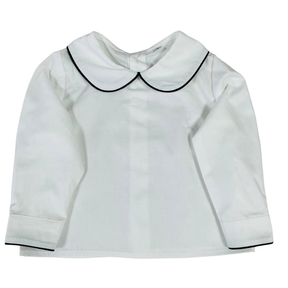 UNISEX-Long Sleeve White Cotton Shirt with Peter Pan Collar with RED TRIM - Picture 2 of 5